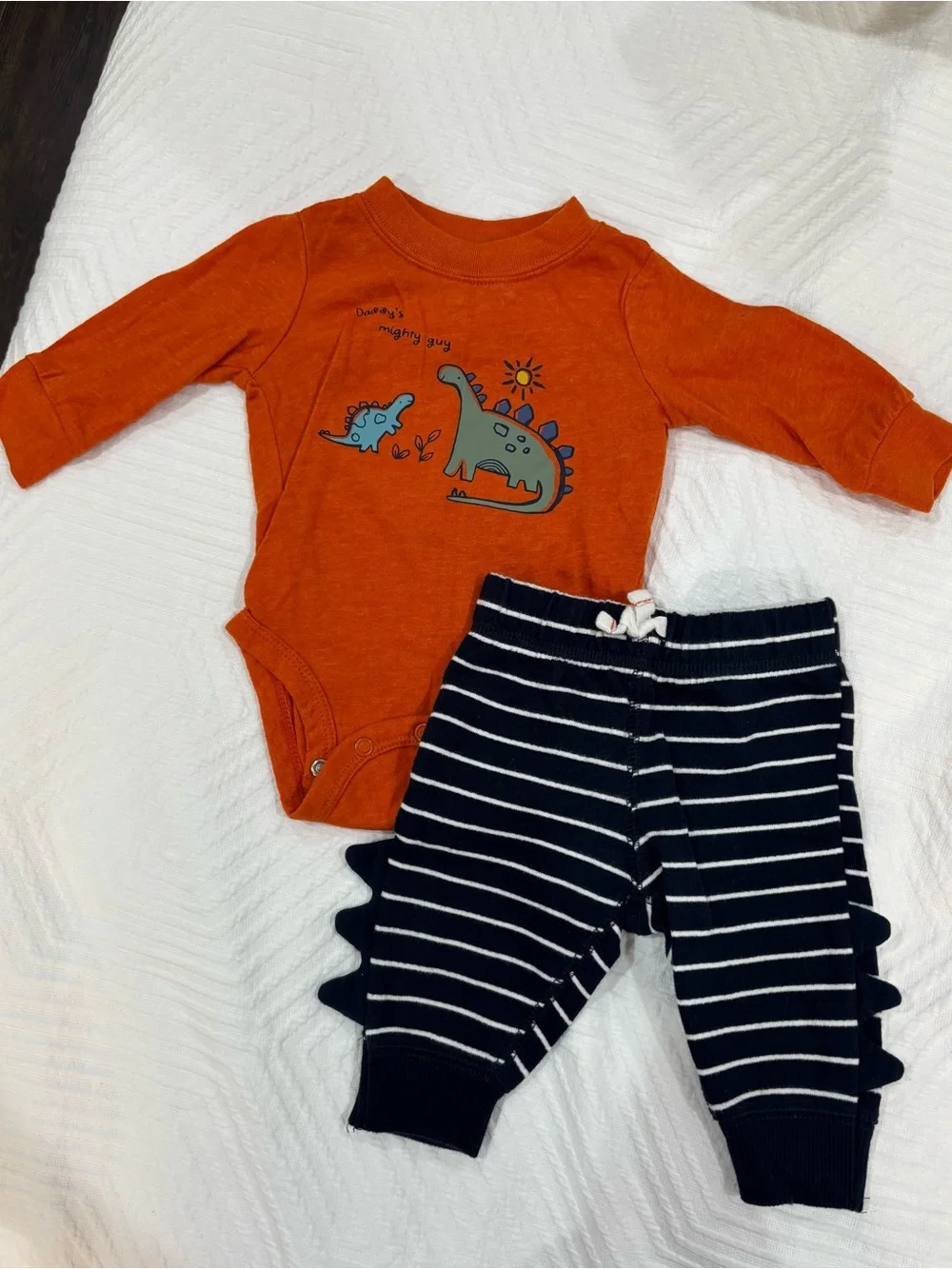 Carter's Orange Long-Sleeve Dino Bodysuit with Navy Stripe Dino-Detail Pants